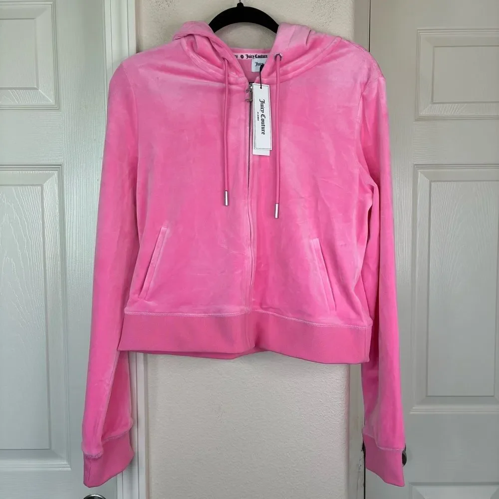 Juicy Couture OG BIG BLING VELOUR HOODIE Women’s Pink Long Sleeve Sweater New XL